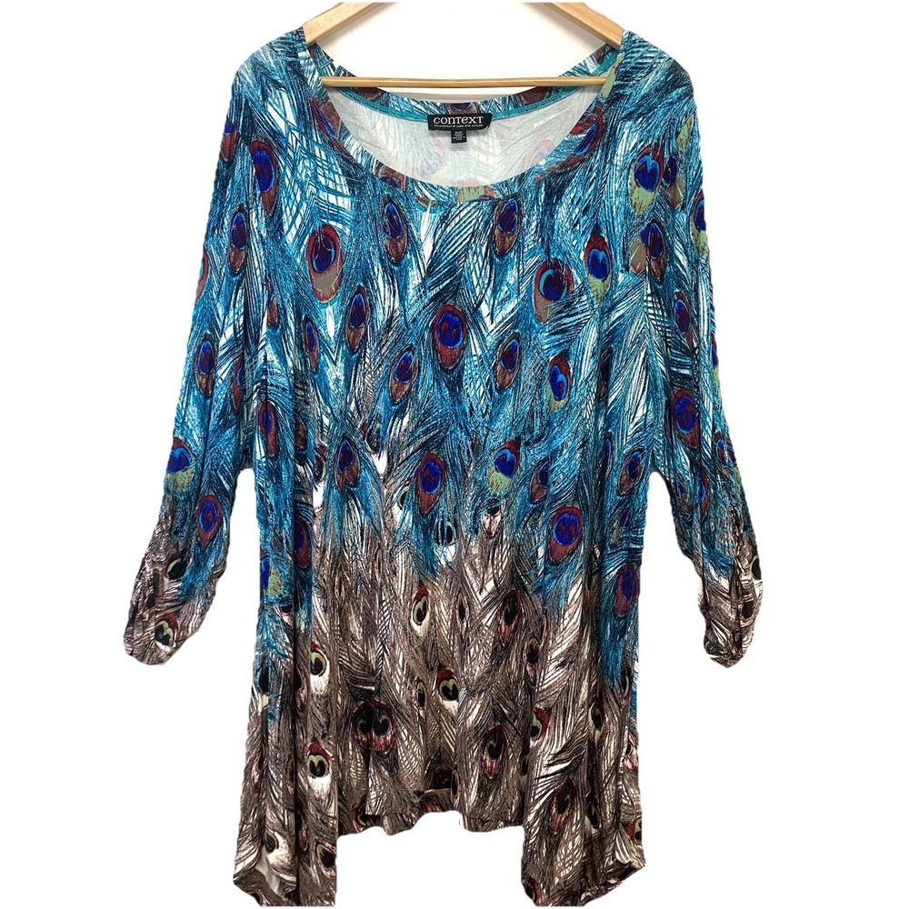 Peacock Print Stretch Knit Top Woman 3X Long‎ Ruch Sleeve Asymmetric Hem Boho